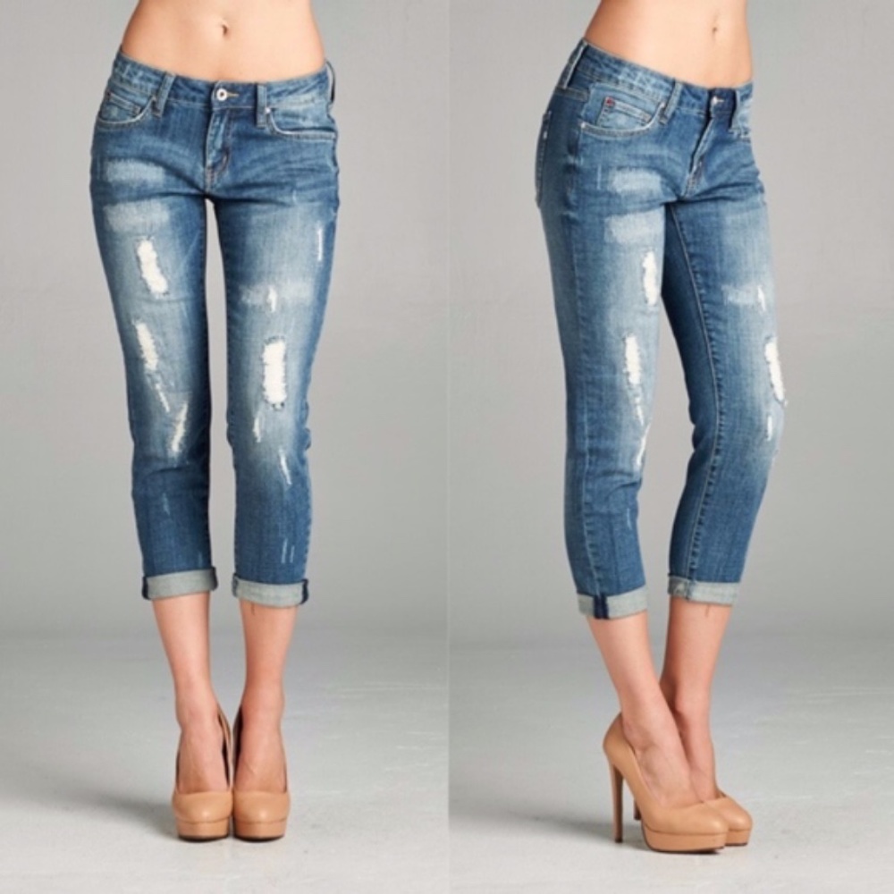 Dark wash Distressed cuff Capri Skinny Denim Jeans - Picture 1 of 2